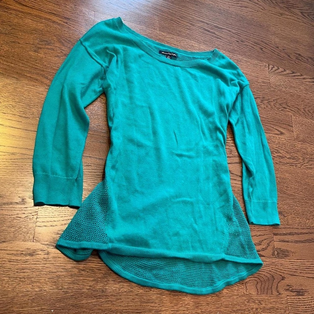 Y2K Teal Turquoise Open Knit Mesh Long Sleeve Sweater Small